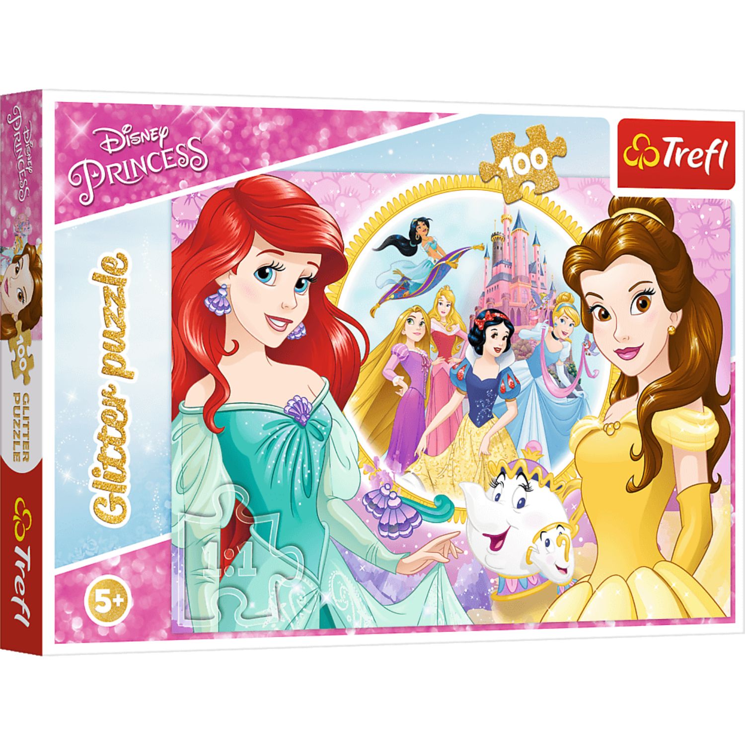 PUZZEL PRINCESS BELLE ARIEL GLITTER 100 STUKJES